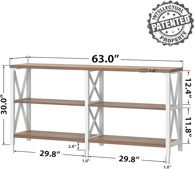 IBF Industrial Console Table, Wood and Metal Entryway Table with Shelves, Farmhouse White and Rustic Oak 3 Tier Sofa Tables for Living Room, Entry, Hallway 63 Inch