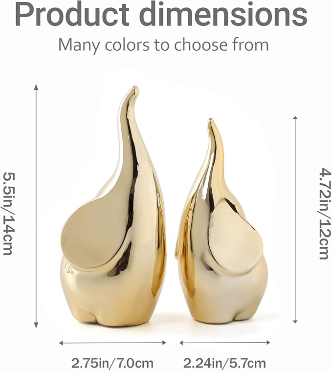 Ceramic Elephant Figurines with Trunk Up, Pair Couples Loving Elephant Statue, Small Figurines Sculpture African Home Decor, Valentine Elephants Gifts for Women, Wedding Knick Knacks（Gold）