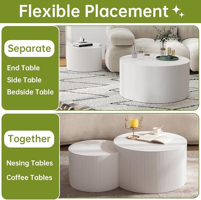 Round Nesting Coffee Table Set of 2 Small Round Coffee Tables for Living Room Modern Fluted Coffee Table Circular End Table Side Table for Small Spaces No Assembly (White A, 27 in)