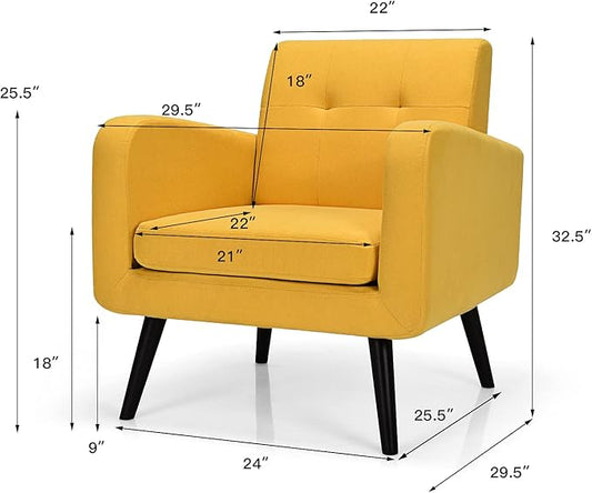 Giantex Upholstered Accent Chair Set of 2, Modern Mid Century Linen Fabric Living Room Chair with Arms, Max Load 265 Lbs, Comfy Tufted Single Sofa for Reading, Bedroom, Office, Club, Yellow