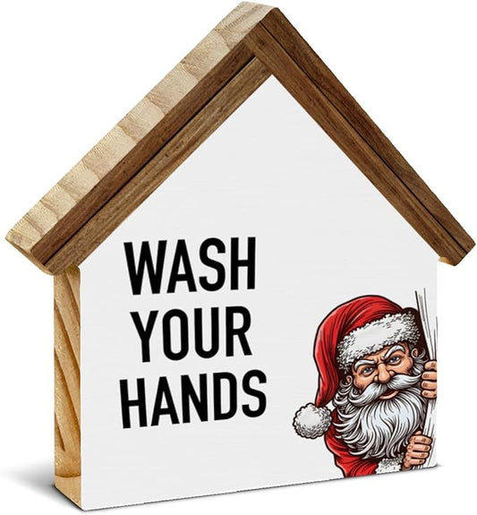 Funny Christmas Bathroom Decor, Santa Claus Wash Your Hands House Shaped Wood Block Sign Christmas Holiday Toilet Restroom Decor for Desk Table Shelf