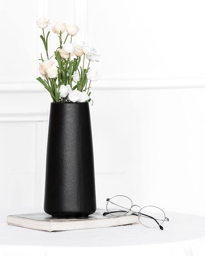 Matte Black Vase - 8" Big Black Ceramic vase for Flower, Simple Vases for Pampas Grass, Minimalist Farmhouse Boho vases for Centerpieces, Home Decor, Bathroom Decor