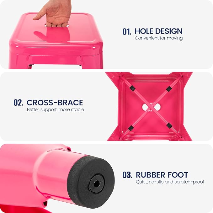 Brage Living 18 Inch Industrial Metal Stools Set of 2, Stackable Classroom Stools, Backless Metal Dining Chairs for Indoor Outdoor, Kitchen Short Stools (Hot Pink)