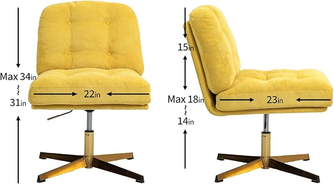 ZOBIDO Modern Accent Corduroy Chairs Comfy Upholstered Vanity Chairs for Bedroom Armchair Dining Chairs with Golden Metal Legs Desk Chair for Living Room(Yellow