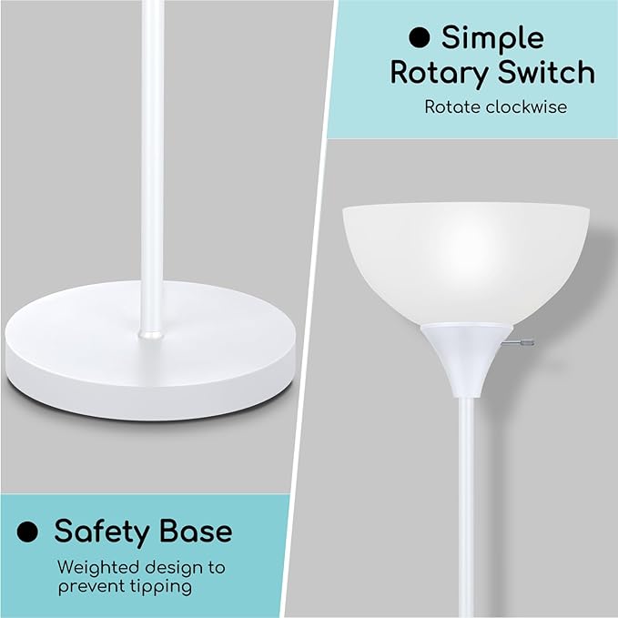 Floor Lamp, LED Standing Lamps with White Plastic Shade, Corner Floor Lights for Living Room Bedroom, Rotary Switch, Bulb not Included, White