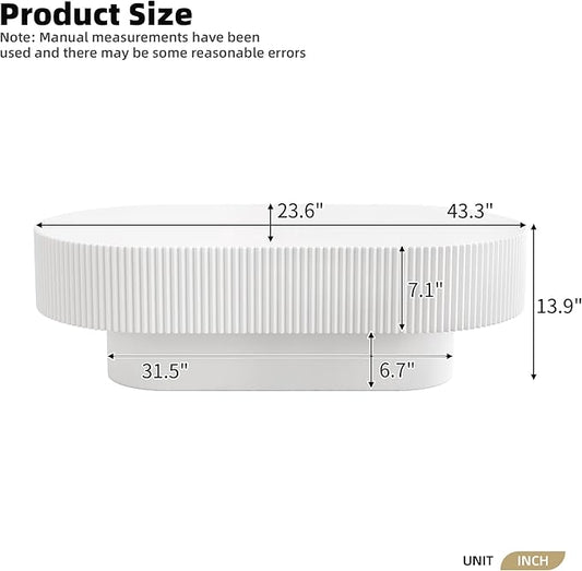 43.3" Oval Fluted Coffee Table, Modern Wood Pedestal Coffee Table, White Fluted Tea Center Table with Thick Tabletop & Sturdy Pedestal for Living Room Apartment- Easy Assembly