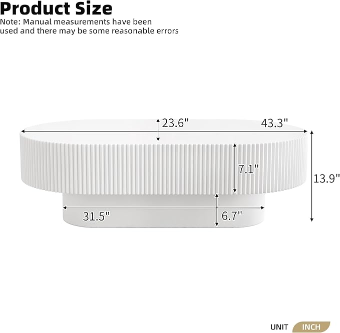 43.3" Oval Wood Coffee Table Modern White Fluted Coffee Tables for Living Room Drum Coffee Table with Sturdy Pedesta Circular Center Table for Apartment Living Room,Easy Assembly, White