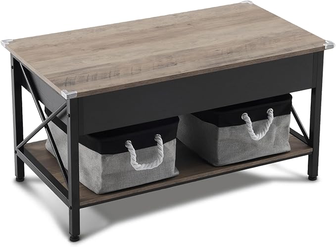 VINGLI 36" Lift Top Coffee Table with Free Cloth Storage Bins, Rustic Framhouse Grey Coffee Tables for Living Room, Small Modern Coffee Table for Small Space in Minimalistic Style, Gray