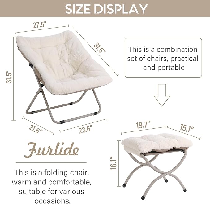 Saucer Chair with Ottoman, Oversized Dorm Chairs, X-Large Faux Fur Folding Chair, Foldable Metal Frame Chair for Bedroom, Living Room (Beige)