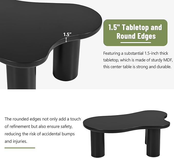 GDFStudio 44'' Cloud-Shaped Coffee Table,Minimalist Center Table with 3 Sturdy Legs & 1.5'' Thick Top,Easy Assembly Round Edge Irregular End Table for Living Room, Bedroom,or Patio,Black