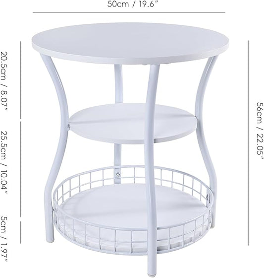 Round End Table, 3-Tier Side Table with Basket Storage,White Accent Corner Sofa Beside Table for Small Spaces,Steel Frame Nightstand for Living Room, Bedroom, Small Circle Coffee Table