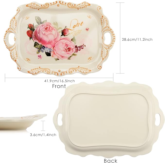 Melamine Serving Tray Art Trays,3 Pack Stackable Food Tray, Large Serving Platter with Handle for Eating, Unbreakable Large Serving Platter with Floral Print (16.5 x 11.3 x 1.4 Inches)