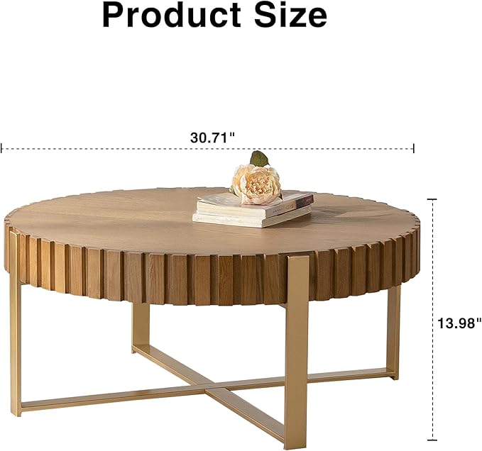 Round Coffee Table with Thick Tabletop, 30.71" Fluted Circle Accent End Table with Metal Legs, Morden Coffee Tables, Wooden Center Table for Living Room, Side Table Home Furniture - Natural