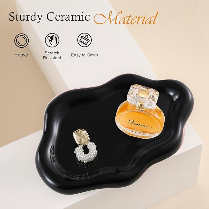 Ceramic Jewelry Tray Trinket Dish, Decorative Cloud Vanity Key Tray for Women, Ring Holder Dish, Cute Jewelry Plate Bowl Room Decor Aesthetic, Black, Large