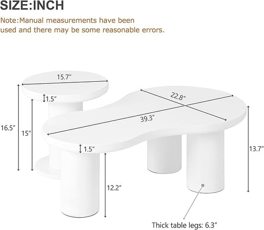 GDFStudio 39.3'' Nesting Coffee Table Set of 2,Cloud-Shaped & Round Side Tables, Minimalist Irregular Center Table with Sturdy Legs for Living Room,Easy Assembly,White