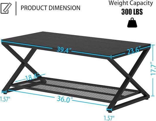 LVB Black Coffee Table, Metal Wood 2 Tier Center Tables with Storage Shelf, Modern Rectangular Cocktail Tea Table for Living Room, Wooden Middle Concrete Table for Office Bedroom, 39 inch, Black Oak