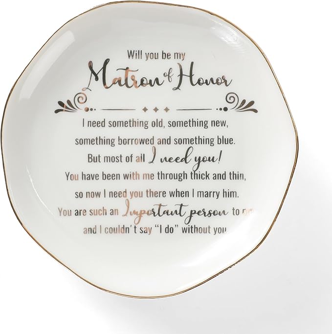 HOME SMILE Matron Of Honor Ring Dish - Will You Be My Matron Of Honor - Jewelry Trinket Dish Tray, Bridesmaid & Bridal Shower Gifts - Proposal Gift For Bestie, White Ceramic