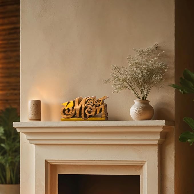 Decozen Handcrafted Solid Wood Best Mom Letters Sculpture - Valentines Day Gifts for Her, Farmhouse Mantel and Fireplace Decor, Table Top Decor for Home, Living Room, or Office