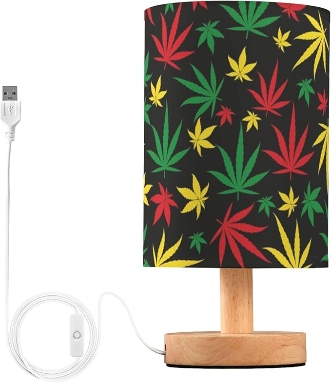 Table Lamp Multicolor Marijuana Cannabis Hemp Leaf Red Yellow Green Color Nightstand Lamp with Wood Base Fabric Lamp Shade Bedside Desk Lamp for Living Room Bedroom Kids Room Office