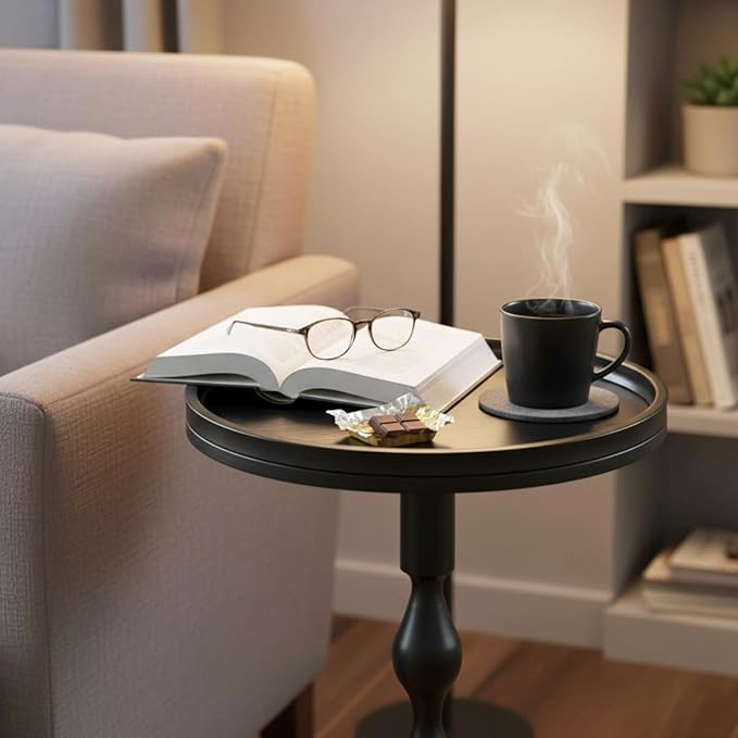 Small Round Drink Table,Pedestal Tables,Small Round Side Table for Narrow Spaces,End Table for Living Room, Bedroom, Bathroom,Balcony (Black)