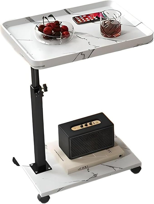 Gets Adjustable Height Sofa Tray Table for Couch,360°Swivel TV Tray for Small Spaces,C Table End Table with Wheels for Eating, Livingroom, Bedroom, Sofa-Marble White,15.8" X 11.8" X 31.5"