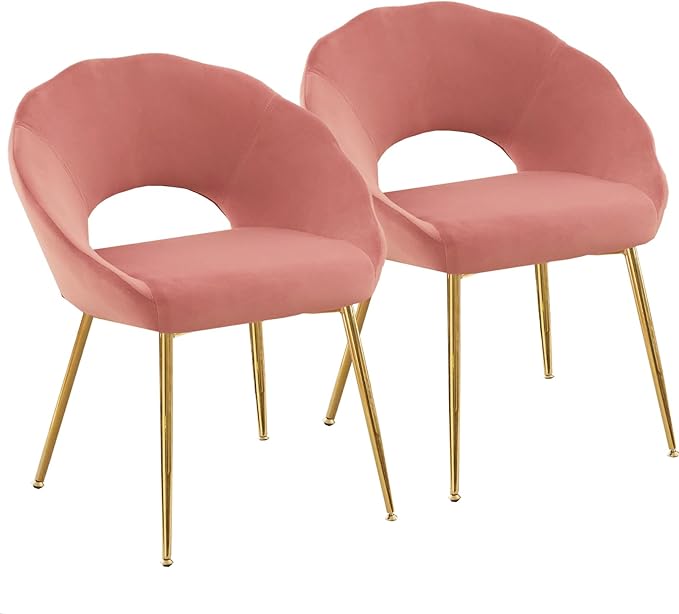Modern Small Accent Chair Set of 2, Comfy Velvet Vanity Chair with Shell Back & Golden Metal Legs, Decorative Chair no Wheels for Living Room, Makeup Room, Bedroom, Pink