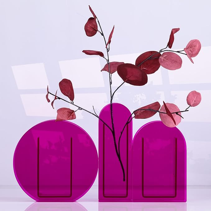 Purple Acrylic Vase Arched for Modern Aesthetic Room Decor, Hot Pink Acrylic Vase Decorative Centerpiece for Home or Wedding Office