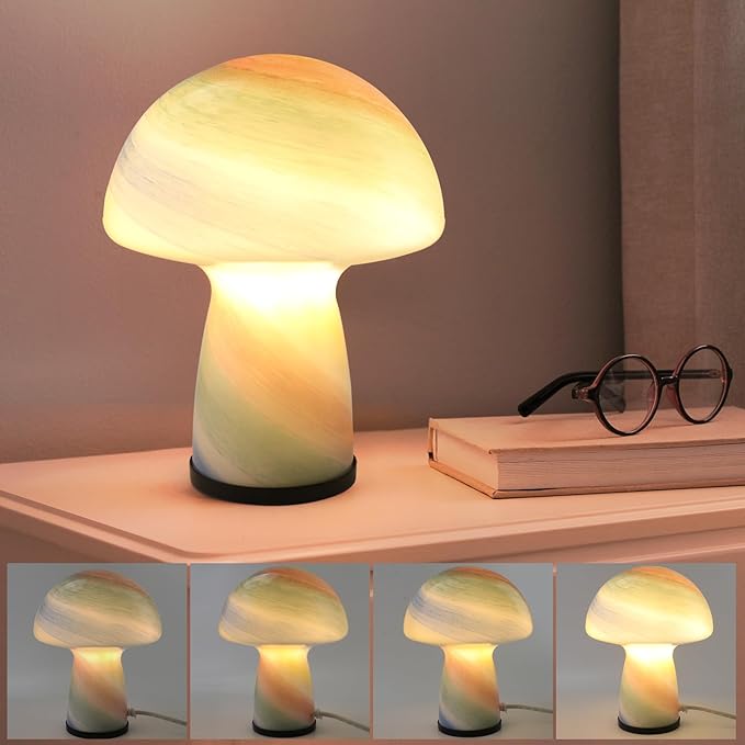 Dimmable Mushroom lamp,Glass Mushroom Bedside Table Lamp Translucent Vintage Style Small Nightstand Desklamp Light for Home Decor, Dining, Living, Bedroom, Gift.（Rainbow Color）