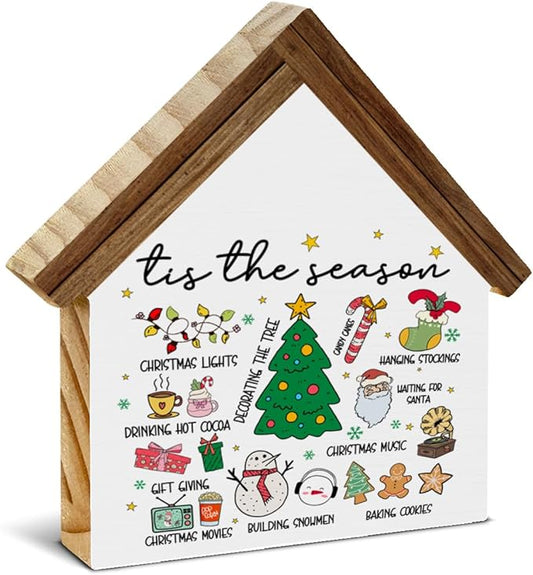 Christmas Home Decor, Xmas Tis the Season House Shaped Wood Block Sign Santa Gingerbread Hot Cocoa Decor, Christmas Holiday Home Living Room Decorations for Desk Table Shelf