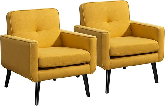Accent Chair Set of 2, Fabric Modern Chair with Wooden Frame, Cozy Armchair Reading Chair with Comfy Back for Apartment, Living Room, Bedroom, Waiting Room, Small Space, Corner, Yellow