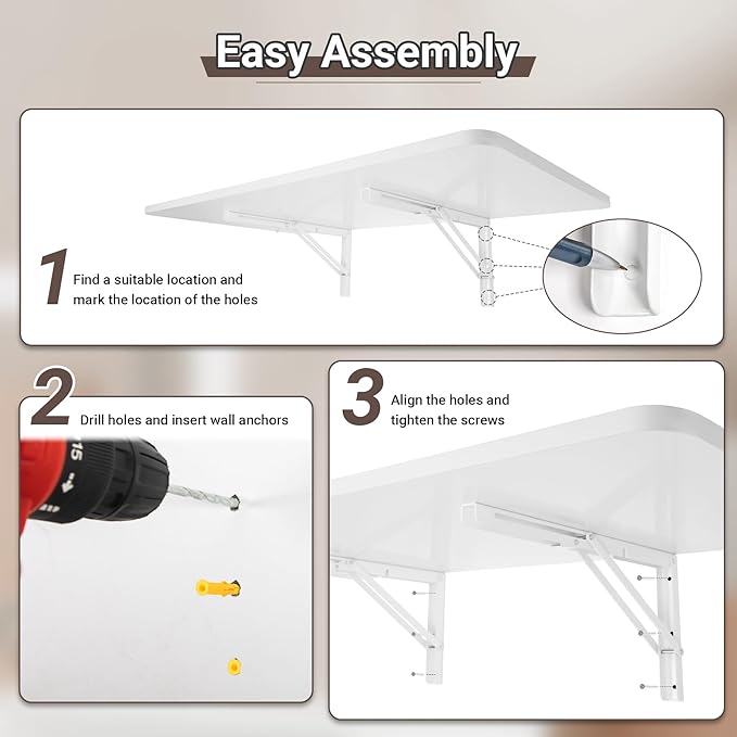 Upgrade Wall Mounted Folding Table 31.5”L x 15.7”W, Laundry Folding Table with Heavy Duty Metal Collapsible Shelf Brackets, Wall Mounted Desk Fold Down for Small Spaces, White
