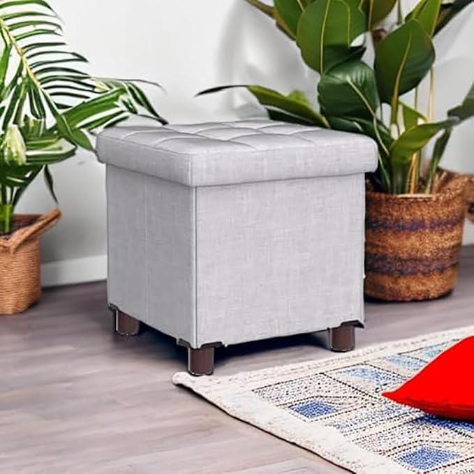 15 Inch Storage Ottoman with Wooden Legs - Cube Foot Rest Stool, Square Footstool, Comfortable Seat with Lid, Foldable Fabric Ottoman, Space-Saving White