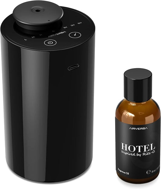 Waterless Essential Oil Diffuser Starter Kit with 30mL Hotel Scent Fragrance Oil Inspired by Ritz-C., Battery Operated Mini Scent Air Machine Portable Diffuser for Home Car Office, Black AN6