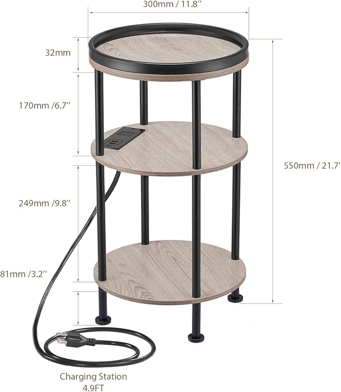 Small Round Side Table with Charging Station for Small Spaces, 3-Tier Accent Table with USB Ports & Power Outlets, Corner Tea Table Sofa Table for Living Room Nightstand Bedroom Apartment(USB,Oak)