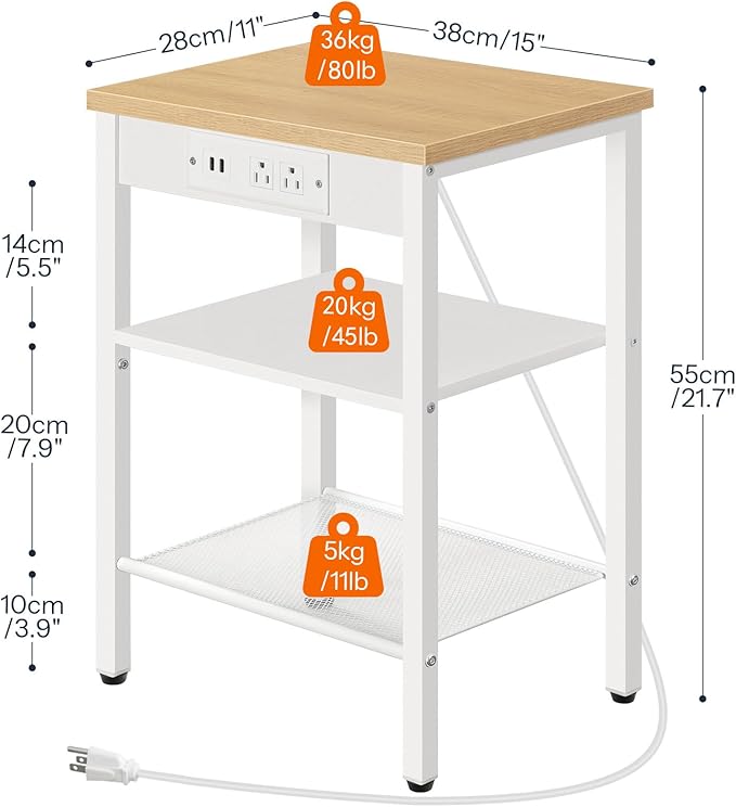 HOOBRO Side Table with Charging Station and USB Ports, Small End Table for Small Space, 3-Tier Nightstand with Adjustable Shelf, for Living Room, Bedroom and Balcony, Natural and White WN112BZ01
