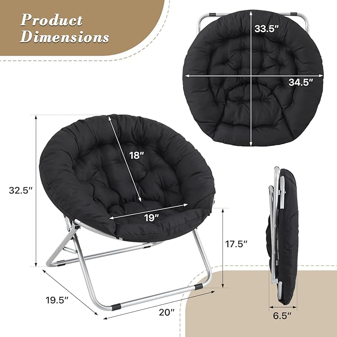 Athena Collection Comfy Saucer Chair, Folding Oversized Cozy Chair for Bedroom Living Room Fabric Reading Chair, Foldable Metal Frame Round Lazy Chair Moon Chair for Adult Set of 2, Black