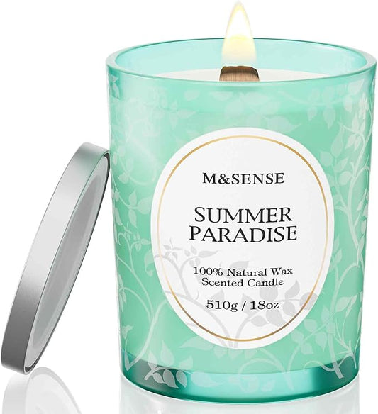 M&SENSE Summer Paradise Scented Candle, Cracking Wooden Wick Soy Wax, 18oz 100 Hours Long Lasting Clean Burn, Large Jar Candles for Home Decor, Non-Toxic Relaxing Aromatherapy Gifts for Women