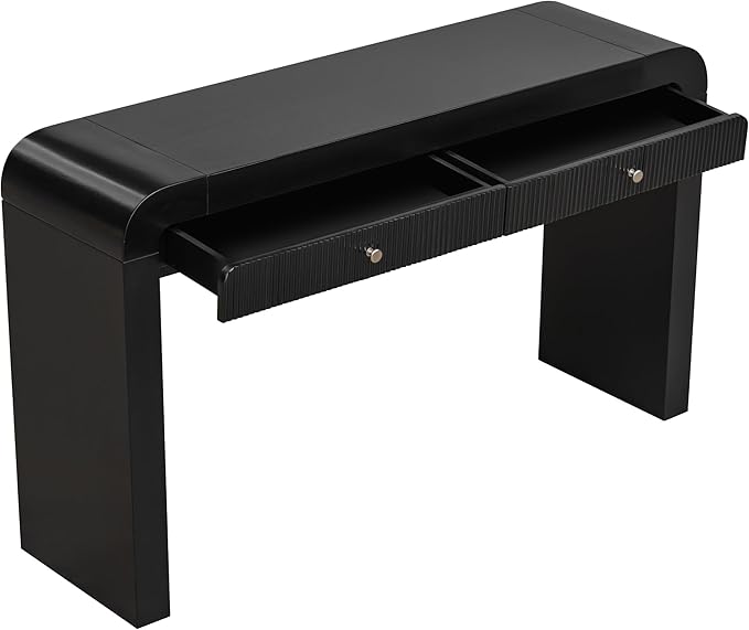 kevinplus 54.3'' Rustic Wood Console Table Sofa Table with Fluted Drawer Storage for Entryway, Modern Elegant Design & Curved Edge, Easy Assemble, Black