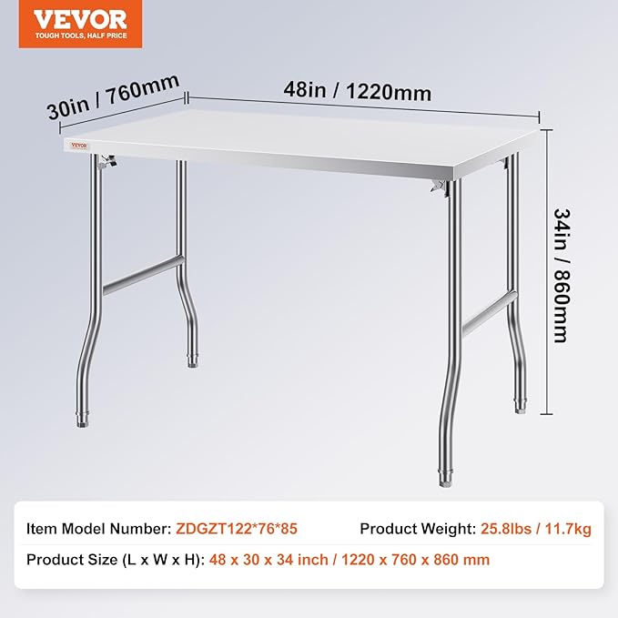 VEVOR 48 x 30 Inch Folding Commercial Prep Table Commercial Worktable Workstation, Heavy-Duty Stainless Steel Folding Table with 220 lbs Load, Silver Stainless Steel Kitchen Island，Kitchen Work Table