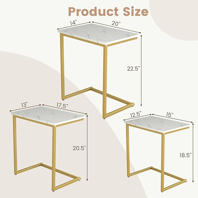 Tangkula Nesting Table Set of 3, Rectangle Stacking Side End Table with Wood Top & Metal Legs, Adjustable Foot Pads, C-shaped Accent Coffee Tables for Small Spaces, Living Room (C-shaped, White, 3-pc)