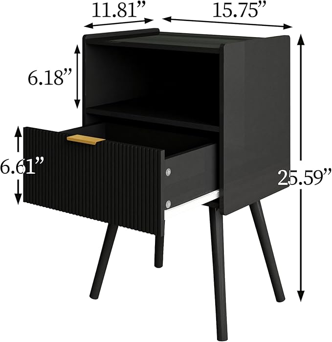 Nightstand,Modern Bedside Table with Storage Drawer and Open Wood Shelf, Accent Night Stand with Solid Wood Legs for Living Room, Bedroom and Small Spaces,Easy Assembly (Black)