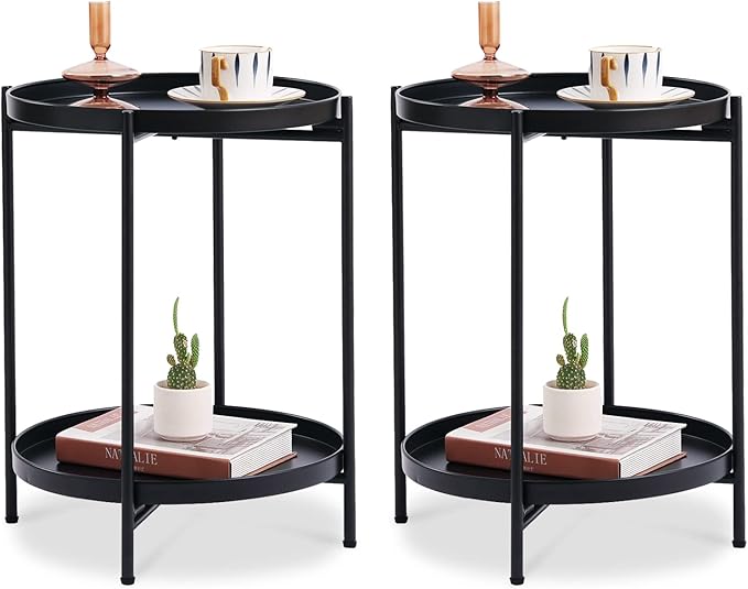 Tiita 2 Pack Round End Table Mental 2-Tier Side Table Nightstand/Small Iron Tables Accent Coffee Table for Living Room Bedroom Office Small Space