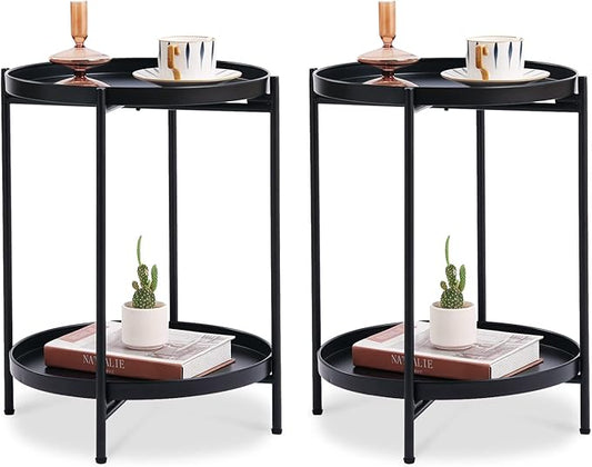 Tiita 2 Pack Round End Table Mental 2-Tier Side Table Nightstand/Small Iron Tables Accent Coffee Table for Living Room Bedroom Office Small Space