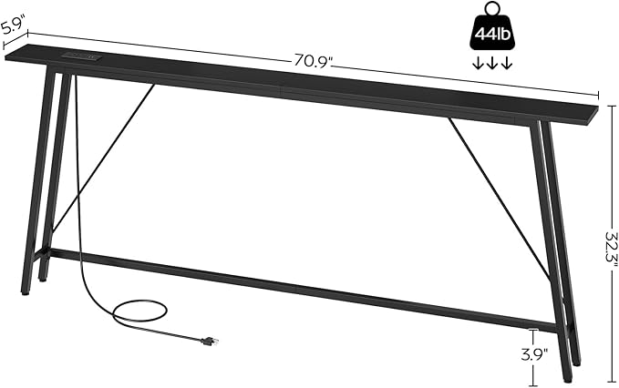 70.9" Couch Table Behind Sofa, Narrow Console Table with Outlet, Skinny Sofa Tables Narrow Long, Long Entryway Tables for Hallway, Entryway, Living Room, Black CT185UBB