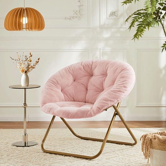 Comfortable Cozy Faux Fur Disc Chair Foldable Feature for Bedroom, Living Room and Dorm, Adult-Sized Relaxation, Pink
