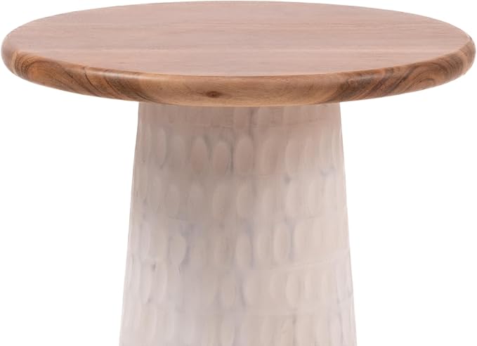 Mid-Century Farmhouse Design Hand-Carved Pedestial Solid Mango Wood Accent Drink Table, Small Round Side Table with Round Natural Top for Living Room, Bedroom or Entryway, White, Assembled