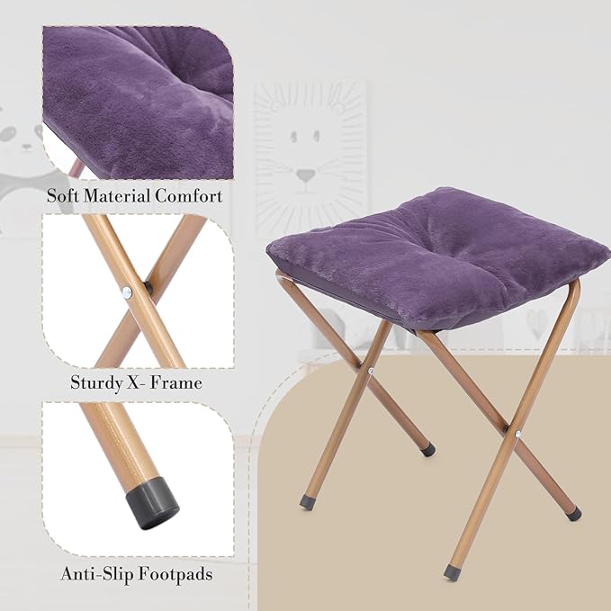 Athena Collection Saucer Chair with Ottoman - Modern Foldable Round Cozy Chair - Purple Faux Fur - 300 lbs Capacity - Ideal for Bedroom, Living Room, Gaming, Reading, Camping