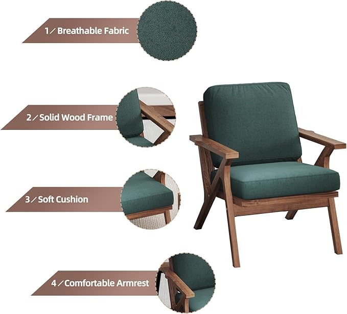 INZOY Mid-Century Modern Accent Chair Set of 2, Breathable Fabric Living Room Chair and Soft Thick Padded Armchair for Living Room Bedroom Reception with Removable Upholstered Cushions, Dark Green