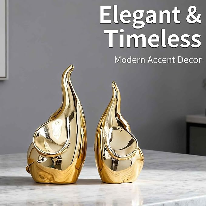 Ceramic Elephant Figurines with Trunk Up, Pair Couples Loving Elephant Statue, Small Figurines Sculpture African Home Decor, Valentine Elephants Gifts for Women, Wedding Knick Knacks（Gold）