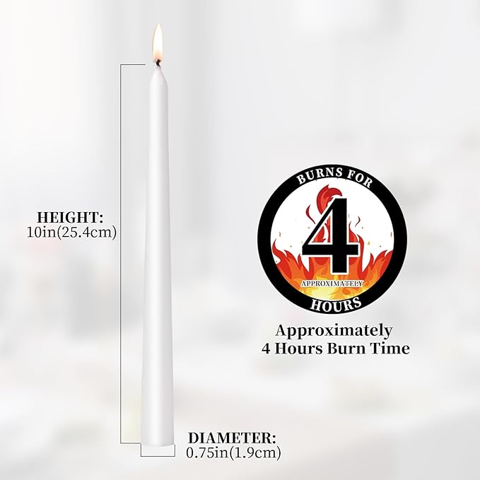 KONNI White Taper Candles 10 Inch Tall Candlesticks 10 Pack Tapered Candles with Cotton Wicks Long Candle Sticks Unscented and Smokeless, Long Burning, Ideal for Wedding, Dinner Party, Home Décor